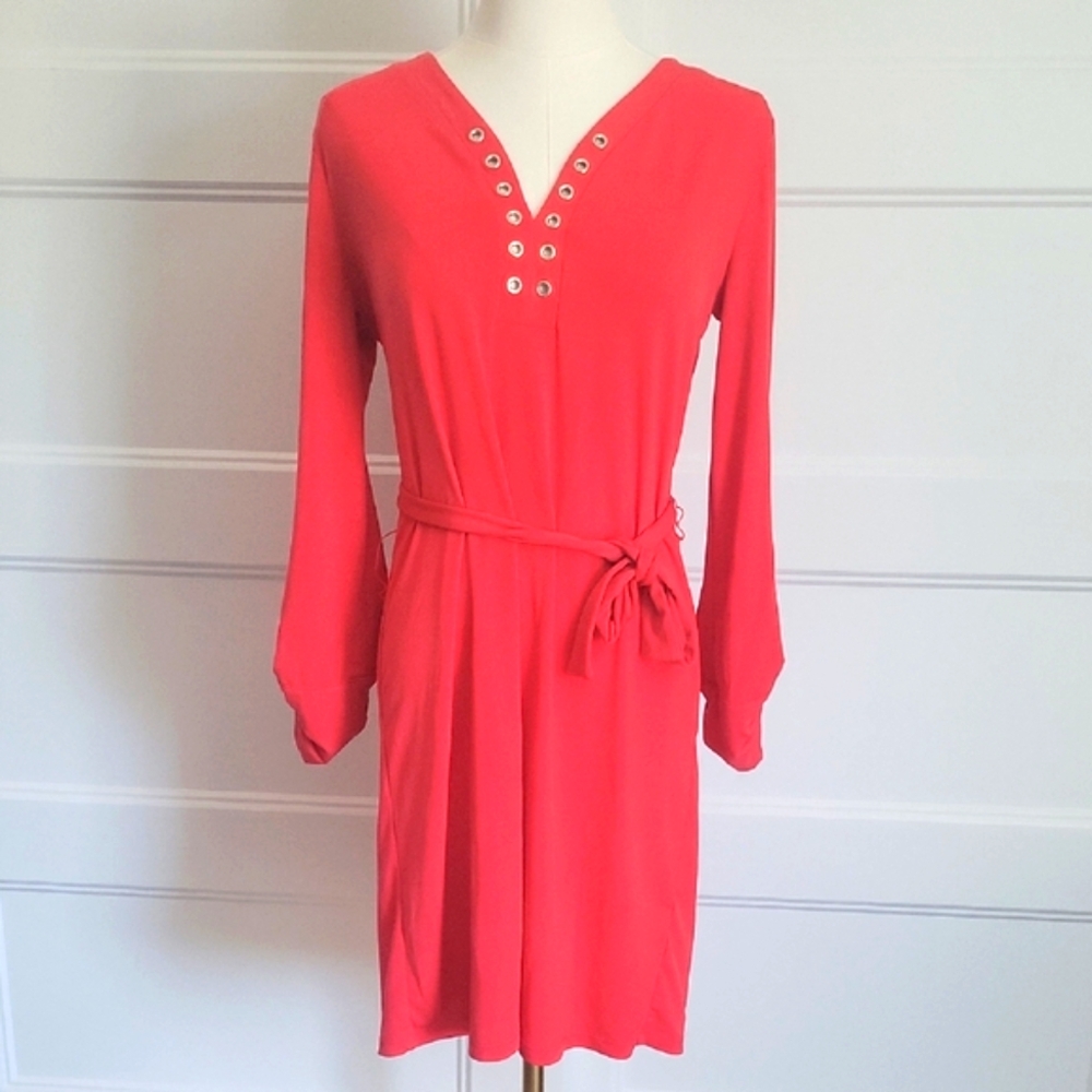 Michael Kors Red Long Sleeve Dress with Button Accents